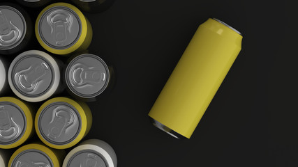 Big black, white and yellow soda cans on black background