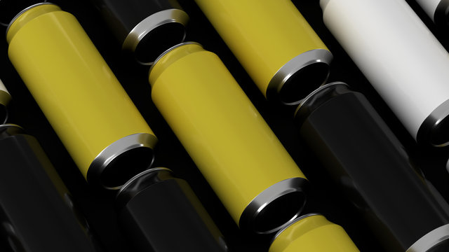 Raws of black, white and yellow soda cans