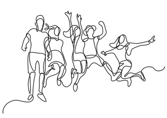 Fototapeta na wymiar continuous line drawing of happy jumping group of youth
