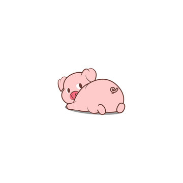 Cute pig lying down and looking back, vector illustration