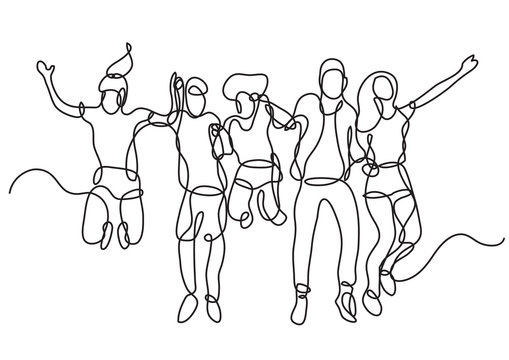 continuous line drawing of happy group of students jumping