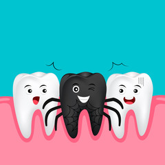 Cute cartoon tooth character. Black spider, happy Halloween concept. Illustration isolated on blue background.