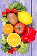 Fruits and vegetables containing vitamin C and natural minerals, concept of strengthening immunity