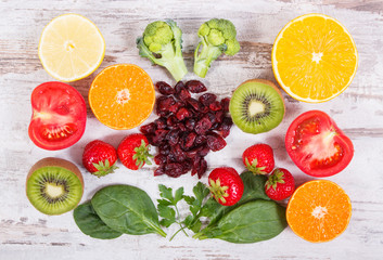 Fruits and vegetables as sources vitamin C, dietary fiber and minerals, strengthening immunity concept