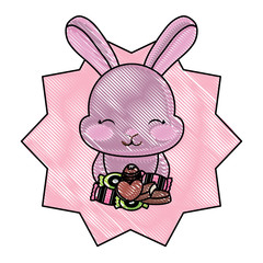 seal stamp with cute bunny and candies over white background, vector illustration