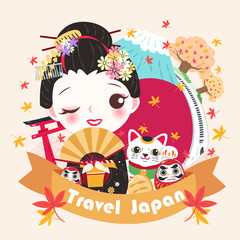cartoon geisha with travel japan