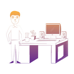 Designer man at the office with desk with computer and decorative objects over white background, vector illustration