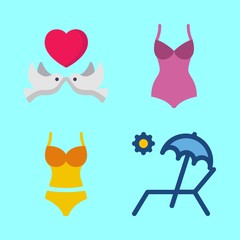 tropical vector icons set. sunbed, swimsuit and love birds in this set