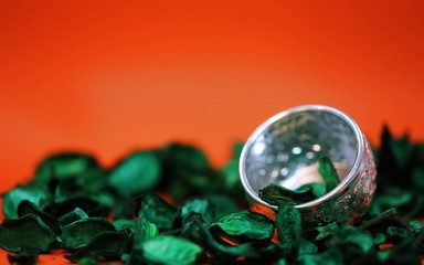 Dried green tree petals decoration and silver bowl closeup orange texture blur background