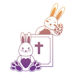holy bible and cute rabbits with easter eggs over white background, vector illustration