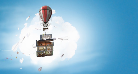 Air balloon in blue sky. Mixed media