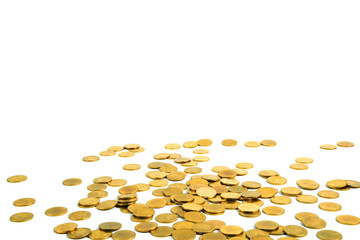 Falling gold coins money isolated on the white background, business money and finance concept.