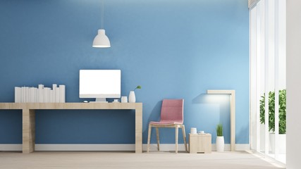 Working room and blue wall decorate for artwork - Study area or workplace in home or apartment ,Interior simple design- 3D Rendering