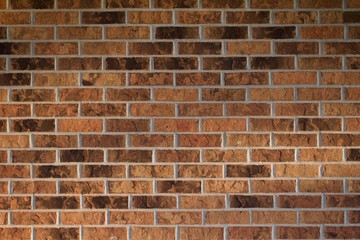 Textured brick wall background in varying colors of brown and tan illuminated by filtered low setting sun