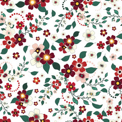 Seamless texture. Multicolor pattern of  flowers and leaves on a light background.