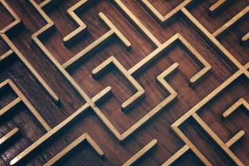 Wooden labyrinth maze puzzle close up