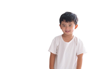 Asian kid boy in white t-shirt standing and smiling, isolated on white with clipping path.