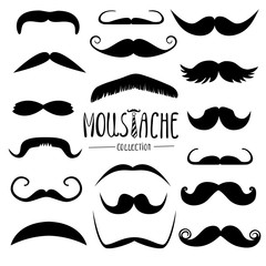 Moustache set collection used for photo booth props objects or party. Vector black and white silhouettes illustration isolated on white background  - obrazy, fototapety, plakaty