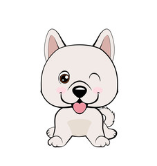 Kawaii funny puppy animal white muzzle with pink cheeks and winking eyes.