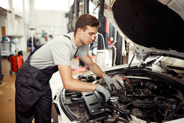 Plakat A qualified automechanic is searching for bugs at a car repair service