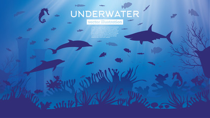 Underwater Sea or Ocean Background with Seaweed and Fish.