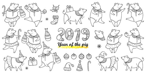 Vector set with outline happy pig in black isolated on white background. Symbol of Chinese New Year 2019 in contour style. Ornate pigs and decoration for winter celebration design and coloring book.