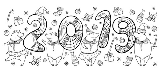 Vector composition of outline black funny pig isolated on white background. Symbol of Chinese New Year 2019 in contour style. Ornate pigs and winter decoration for holiday design or coloring book.