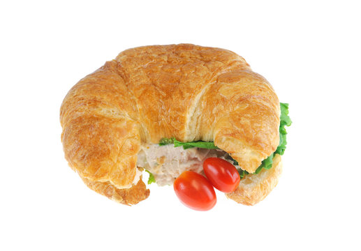 Close Up On Chicken Salad Croissant Roll Isolated On White Background