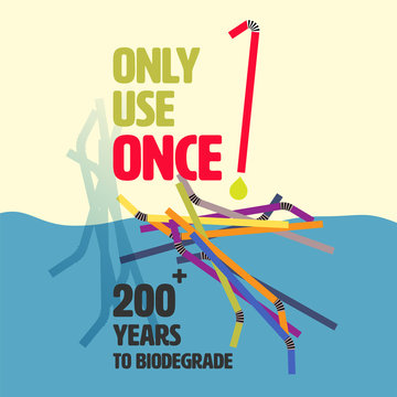 Typographic Design With Plastic Straw Outline Flat Icon As A Gimmick. Use Once, Long Time Biodegradation Concept. Vector Illustration.