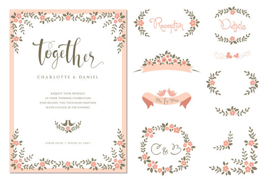Wedding graphic set with branches, flowers, birds, butterflies, laurels, banners and frames. 
