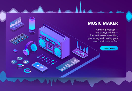 Music maker vector illustration for recording production technology. Isometric DJ equipment or audio Hi-Fi player, sound mixer controls or headphones and speakers on purple ultraviolet background