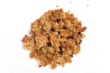 Close up pile Granola isolated on white background.