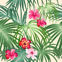 Foto auf Acrylglas Tropical plant seamless pattern, tropical leaves of palm tree and flowers. © Artlu