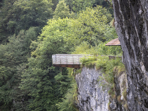 Colore, Bergamo, Italy. The Via Mala is a historic access road to the Scalve valley cut up into the rock overlooking the river Dezzo and creating a spectacular natural environment
