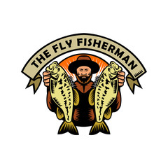 Fly Fisherman Holding Largemouth Bass Woodcut