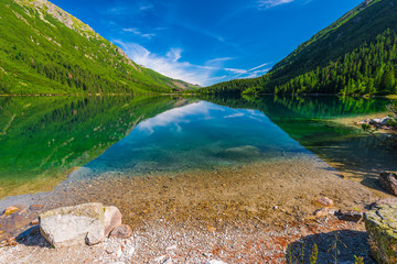 Shooting Lake Morskie Oko in the morning on a sunny day