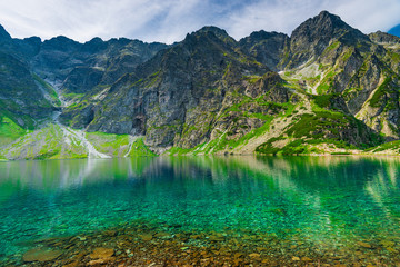 background - scenic landscape of a mountain and a lake in the Tatra Mountains, Poland