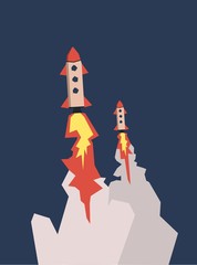 Two spaceships launching into space on dark dark blue background. Flat vector illustration, vertical.