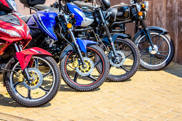 Fototapeta na wymiar A number of motorcycles for sale. Motorcycle sports_