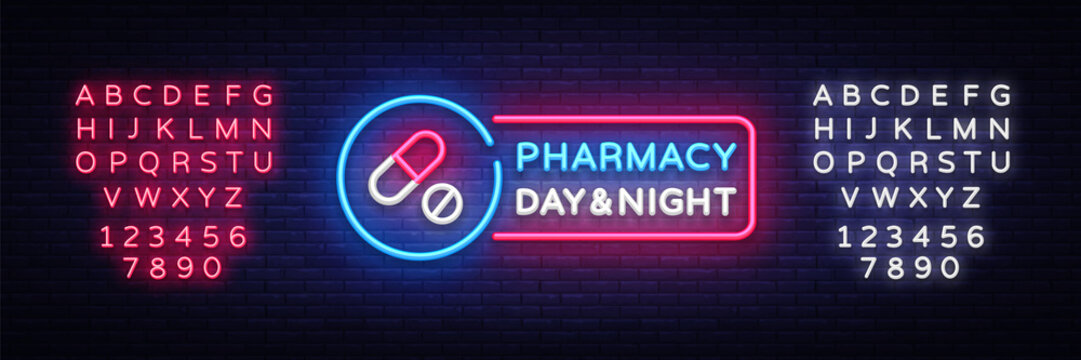Pharmacy neon signboard vector. Medical neon glowing symbol, Light Banner, neon icon, design element. Vector illustration. Editing text neon sign