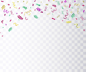 Colorful bright confetti isolated on transparent background. Festive vector illustration