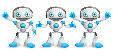 Friendly robots vector character set. Funny mascot robot design element for presentation with postures and hand gestures isolated in white. Vector illustration.
