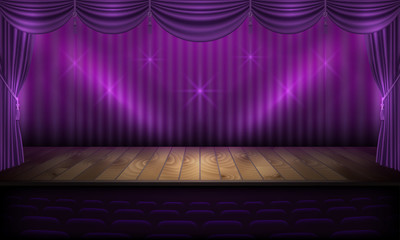 violet curtain wall on wood stage with light effect.