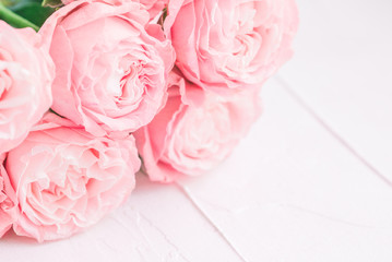 Pink roses on a white background. Soft focus. The concept of wedding and Valentines day.