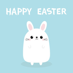 Obraz na płótnie Canvas Happy Easter. White bunny rabbit. Funny head face. Cute kawaii cartoon character. Baby greeting card. Blue background. Flat design.