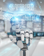 White humanoid hand using cyber security text hologram 3D rendering