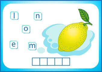ДруSchool education. English flashcard for learning English. We write the names of vegetables and fruits. Words is a puzzle game for children. Worksheet, put the letters in the cell.к