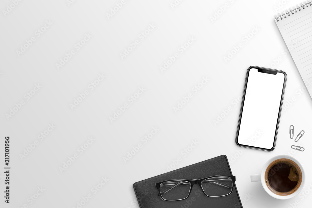 Sticker flat lay scene with smart phone mockup. modern smart phone with curved edges. copy space beside.