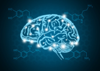 Human brain illustration with hormone biochemical concept background