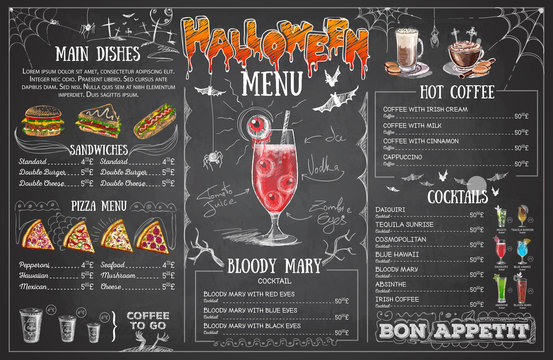 Vintage chalk drawing halloween menu design. Restaurant menu